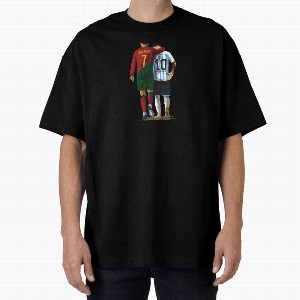Messi Ronaldo Chit Chat Illustration Oversized T-Shirt Celebrate Rivalries and Pride in Match Day Hype around FIFA World Cup 2026, Neymar, Haaland and Cristiano Ronaldo, Portugal, Spain and Germany, Vintage Soccer Flavor, Modern Football Stars,