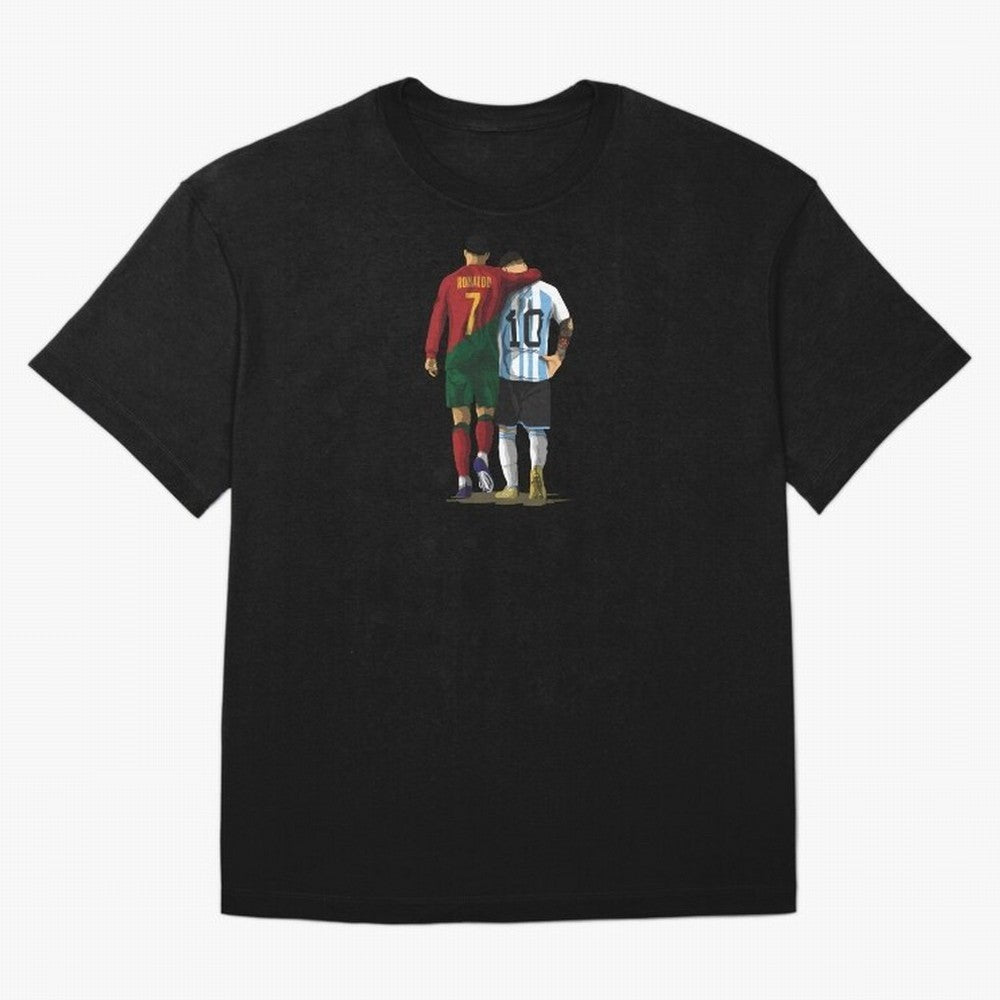 Messi Ronaldo Chit Chat Illustration Oversized T-Shirt Celebrate Rivalries and Pride in Match Day Hype around FIFA World Cup 2026, Neymar, Haaland and Cristiano Ronaldo, Portugal, Spain and Germany, Vintage Soccer Flavor, Modern Football Stars,