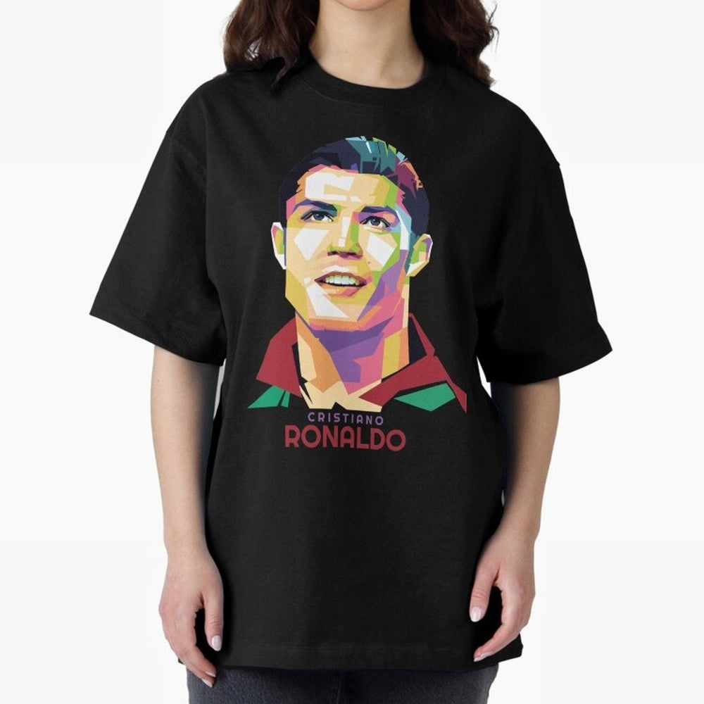 Geometric Celebrity Cristiano Ronaldo Oversized T-Shirt Celebrate Unforgettable Nights in Global Football Passion for FIFA World Cup 2026 USA Canada Mexico, Celebrating Messi, CR7 and Mbappe, England and Germany, Championship Spirit, Famous Goals,