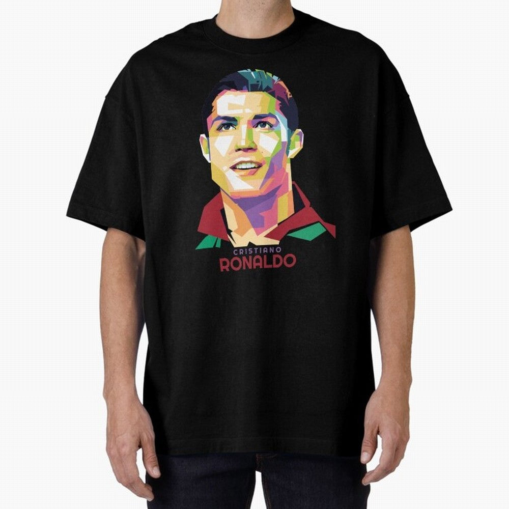 Geometric Celebrity Cristiano Ronaldo Oversized T-Shirt Celebrate Unforgettable Nights in Global Football Passion for FIFA World Cup 2026 USA Canada Mexico, Celebrating Messi, CR7 and Mbappe, England and Germany, Championship Spirit, Famous Goals,