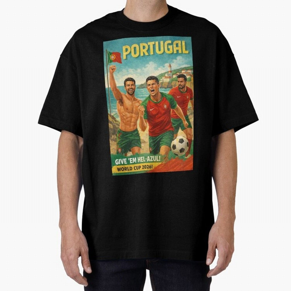 Portugal Hel-Azul Spirit at Cabo da Roca and Bel¨¦m Tower for FIFA World Cup 2026 Oversized T-Shirt Support Iconic Players in FIFA World Cup 2026 for Fans of Messi, Neymar and Mbappe and Argentina, France and Brazil, Bringing Classic Soccer