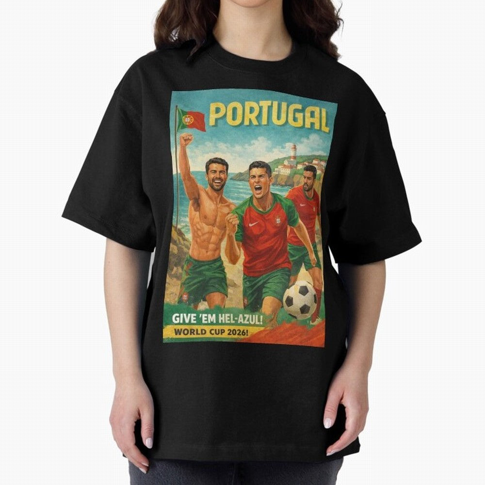 Portugal Hel-Azul Spirit at Cabo da Roca and Bel¨¦m Tower for FIFA World Cup 2026 Oversized T-Shirt Support Iconic Players in FIFA World Cup 2026 for Fans of Messi, Neymar and Mbappe and Argentina, France and Brazil, Bringing Classic Soccer