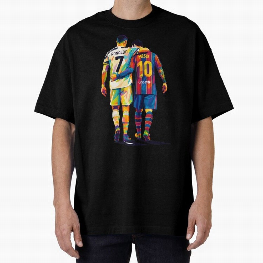 Cristiano Ronaldo and Messi Wpap Art Oversized T-Shirt Share the Excitement of FIFA World Cup 2026 Group Stage for Fans of Haaland and Mbappe and England and Germany, Bringing Championship Spirit, Famous Goals, Roaring Crowds and International