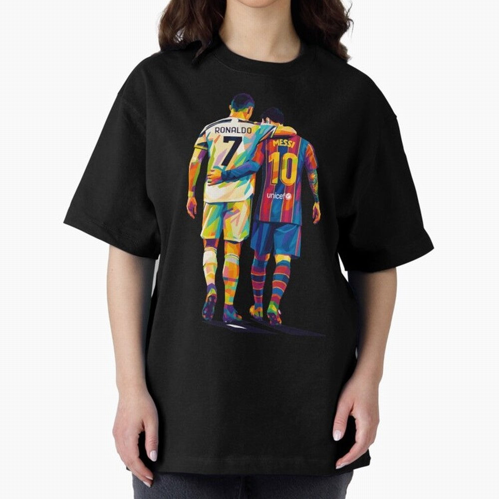 Cristiano Ronaldo and Messi Wpap Art Oversized T-Shirt Share the Excitement of FIFA World Cup 2026 Group Stage for Fans of Haaland and Mbappe and England and Germany, Bringing Championship Spirit, Famous Goals, Roaring Crowds and International
