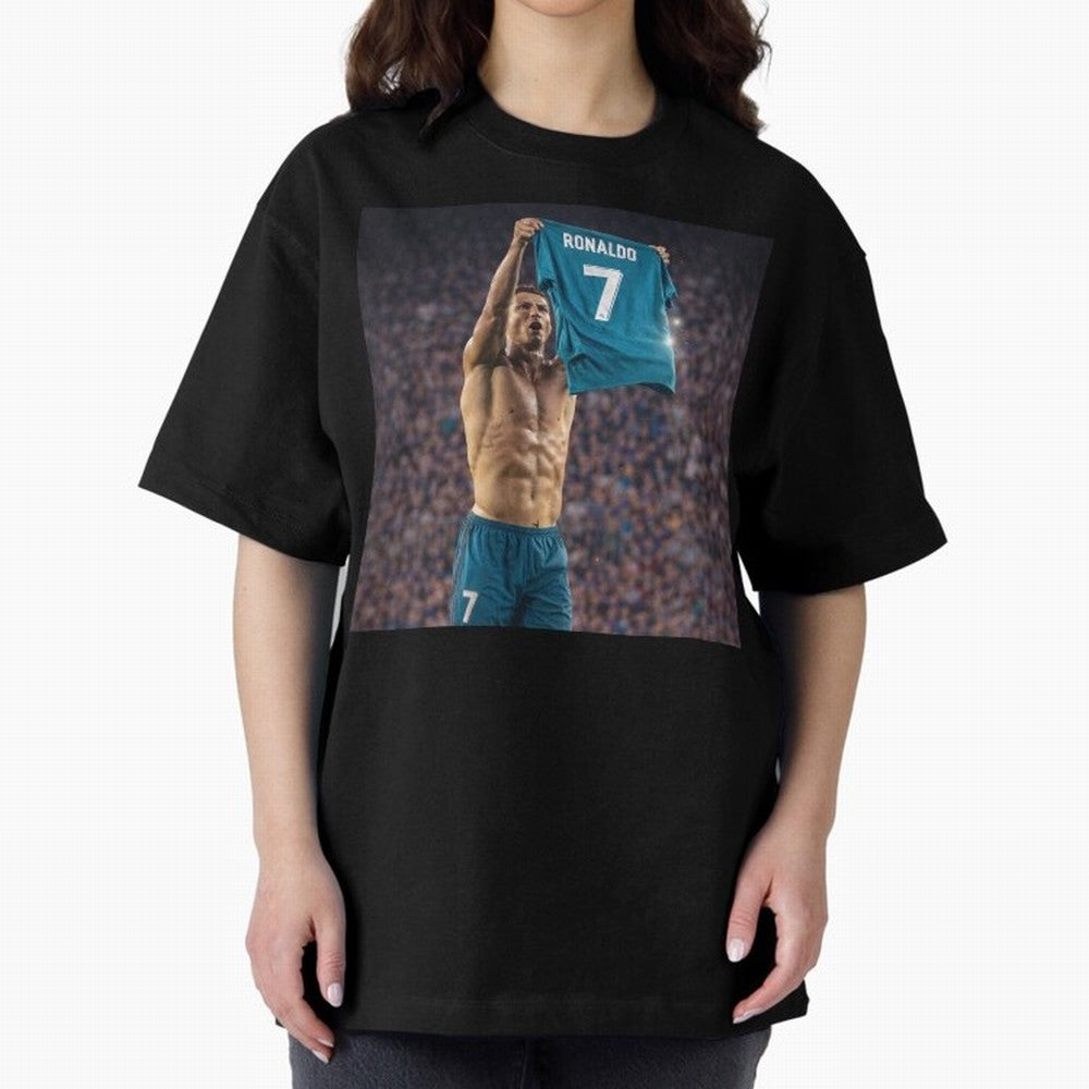Ronaldo Holding Number Seven Shirt Oversized T-Shirt Treasure the FIFA World Cup 2026 USA Canada Mexico Journey through CR7 Highlights, Brazil Pride, Champion Mindset, Group Stage Buzz, Knockout Tension and Passionate Fan Culture; Ideal for Fans