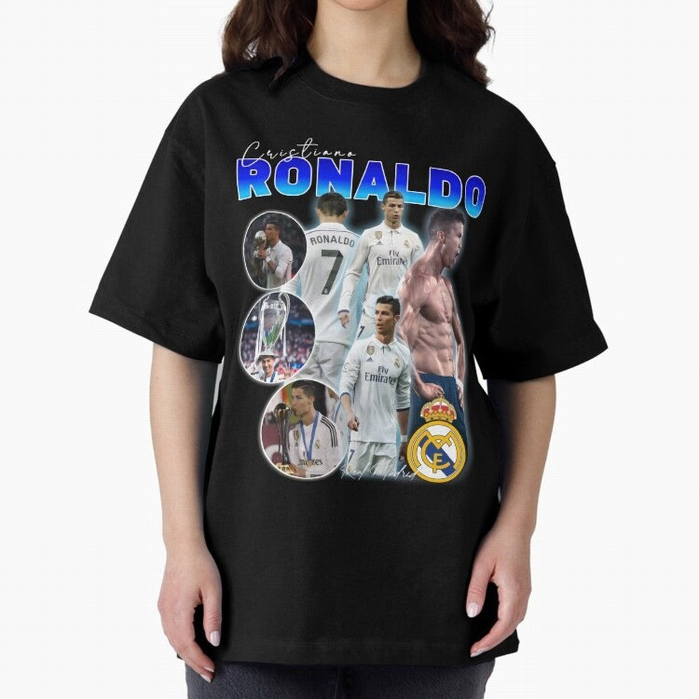 Cristiano Ronaldo Bootleg Oversized T-Shirt Capture Stadium Memories from Match Day Hype around FIFA World Cup 2026 Group Stage, Messi, CR7 and Mbappe, Germany, Global Supporter Spirit, Legendary Goals, National Colors and Tournament Celebration;