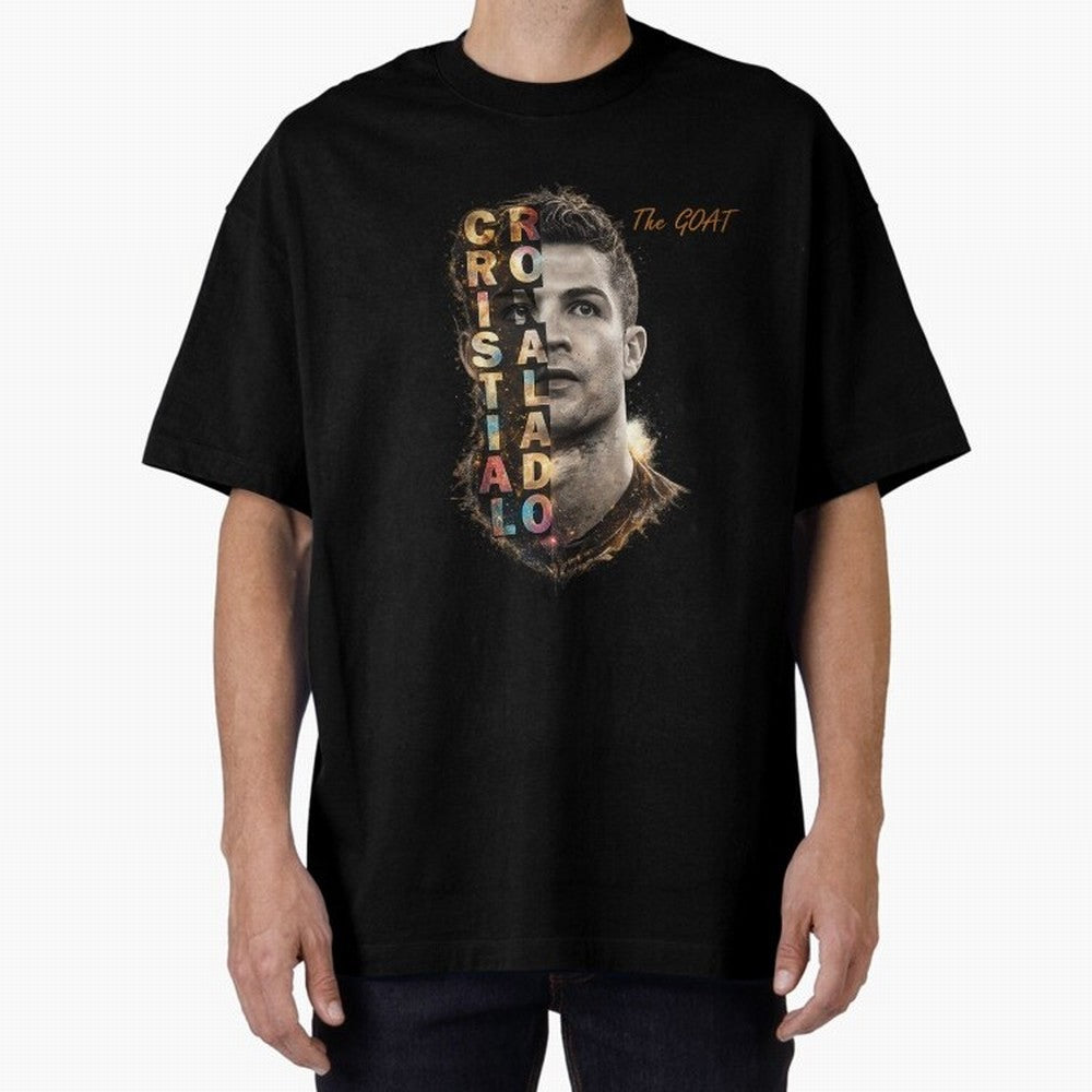 Cristiano Ronaldo Multicolor GOAT Oversized T-Shirt Capture Global Football Passion for FIFA World Cup 2026, Capturing Messi and Cristiano Ronaldo, Brazil, Championship Spirit, Famous Goals, Roaring Crowds and International Football Unity; Made for