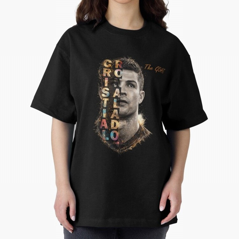 Cristiano Ronaldo Multicolor GOAT Oversized T-Shirt Capture Global Football Passion for FIFA World Cup 2026, Capturing Messi and Cristiano Ronaldo, Brazil, Championship Spirit, Famous Goals, Roaring Crowds and International Football Unity; Made for