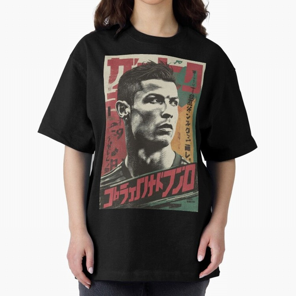 Cristiano Vintage Warned Japanese Poster Oversized T-Shirt Share the Excitement of FIFA World Cup 2026 Group Stage for Fans of Haaland and Mbappe and Spain and Netherlands, Bringing Fan Favorite Moments, National Team Passion, Big Match Drama and