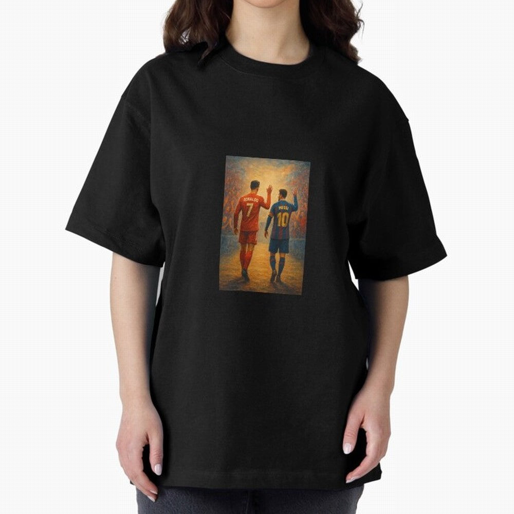 Cristiano Ronaldo and Messi Art Sticker Oversized T-Shirt Support the Legends of FIFA World Cup 2026 Group Stage Capturing Messi, CR7 and Mbappe, Argentina Energy, Champion Mindset, Group Stage Buzz, Knockout Tension and Passionate Fan Culture;