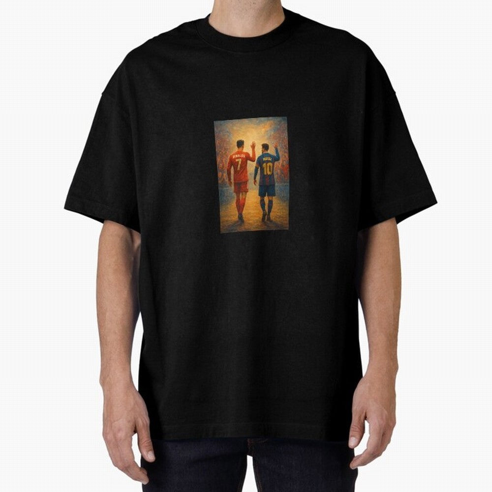 Cristiano Ronaldo and Messi Art Sticker Oversized T-Shirt Support the Legends of FIFA World Cup 2026 Group Stage Capturing Messi, CR7 and Mbappe, Argentina Energy, Champion Mindset, Group Stage Buzz, Knockout Tension and Passionate Fan Culture;