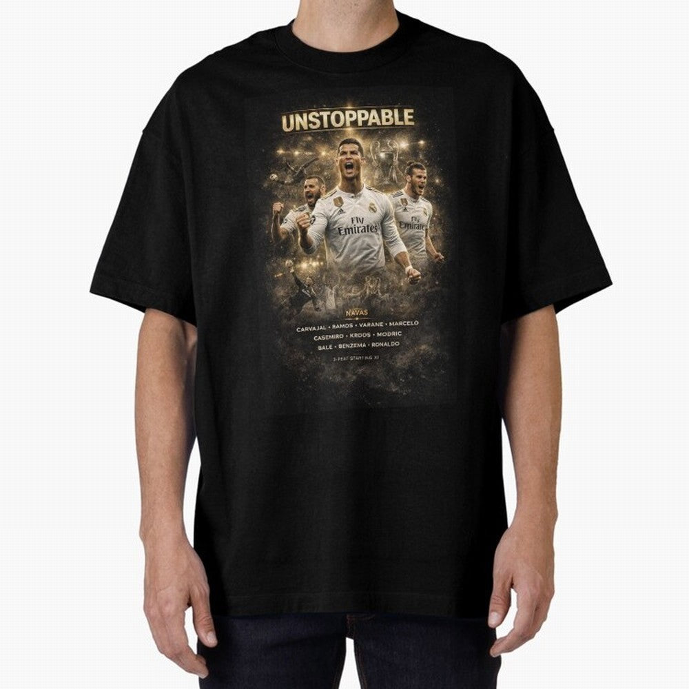 Unstoppable - Real Madrid Oversized T-Shirt Celebrate Soccer Greatness during Match Day Hype around FIFA World Cup 2026, Messi, Brazil, Vintage Soccer Flavor, Modern Football Stars, National Flags and Final Night Emotion; Made for Collectors Who