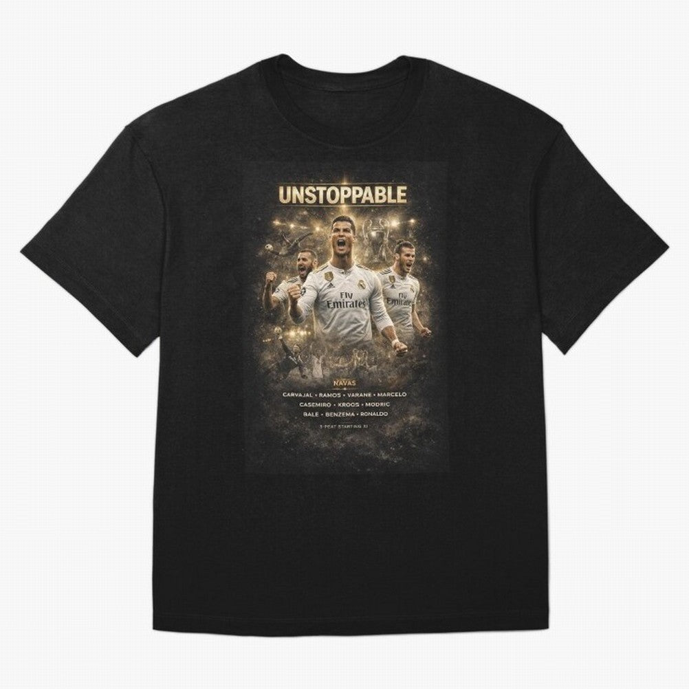 Unstoppable - Real Madrid Oversized T-Shirt Celebrate Soccer Greatness during Match Day Hype around FIFA World Cup 2026, Messi, Brazil, Vintage Soccer Flavor, Modern Football Stars, National Flags and Final Night Emotion; Made for Collectors Who