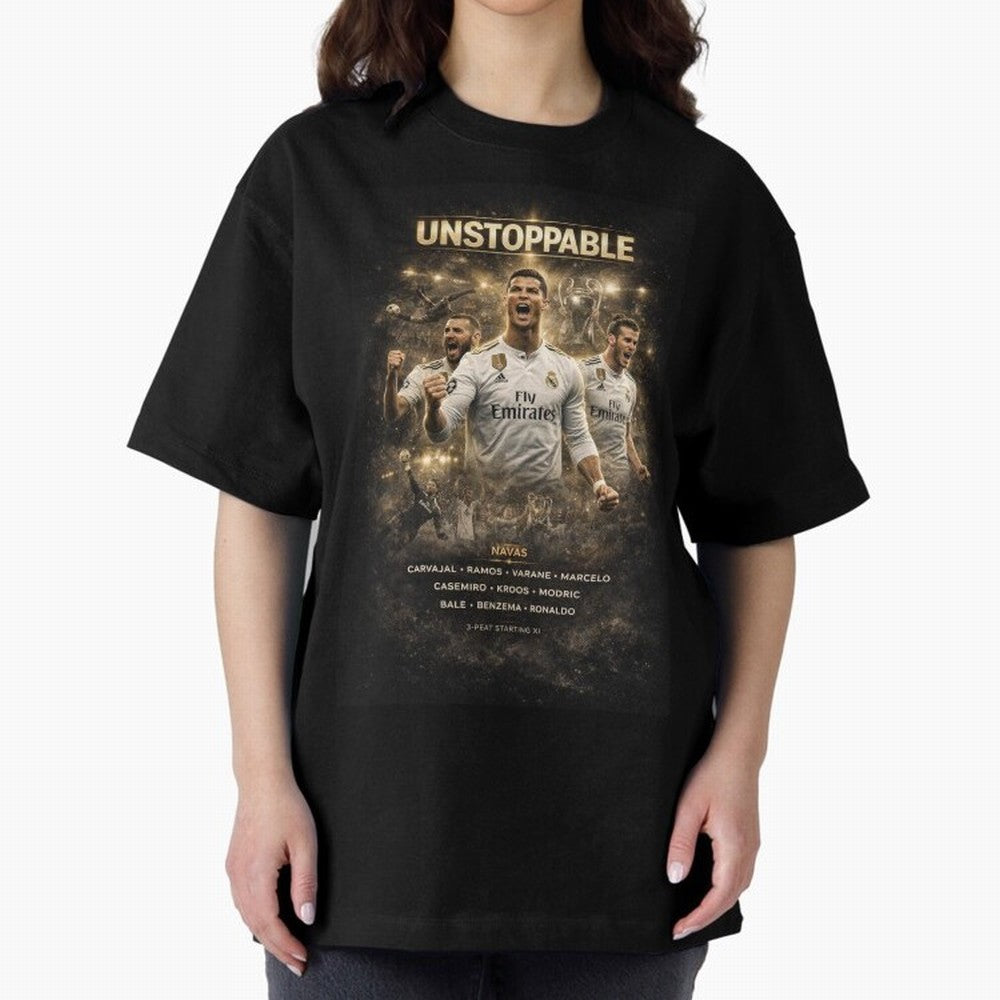 Unstoppable - Real Madrid Oversized T-Shirt Celebrate Soccer Greatness during Match Day Hype around FIFA World Cup 2026, Messi, Brazil, Vintage Soccer Flavor, Modern Football Stars, National Flags and Final Night Emotion; Made for Collectors Who