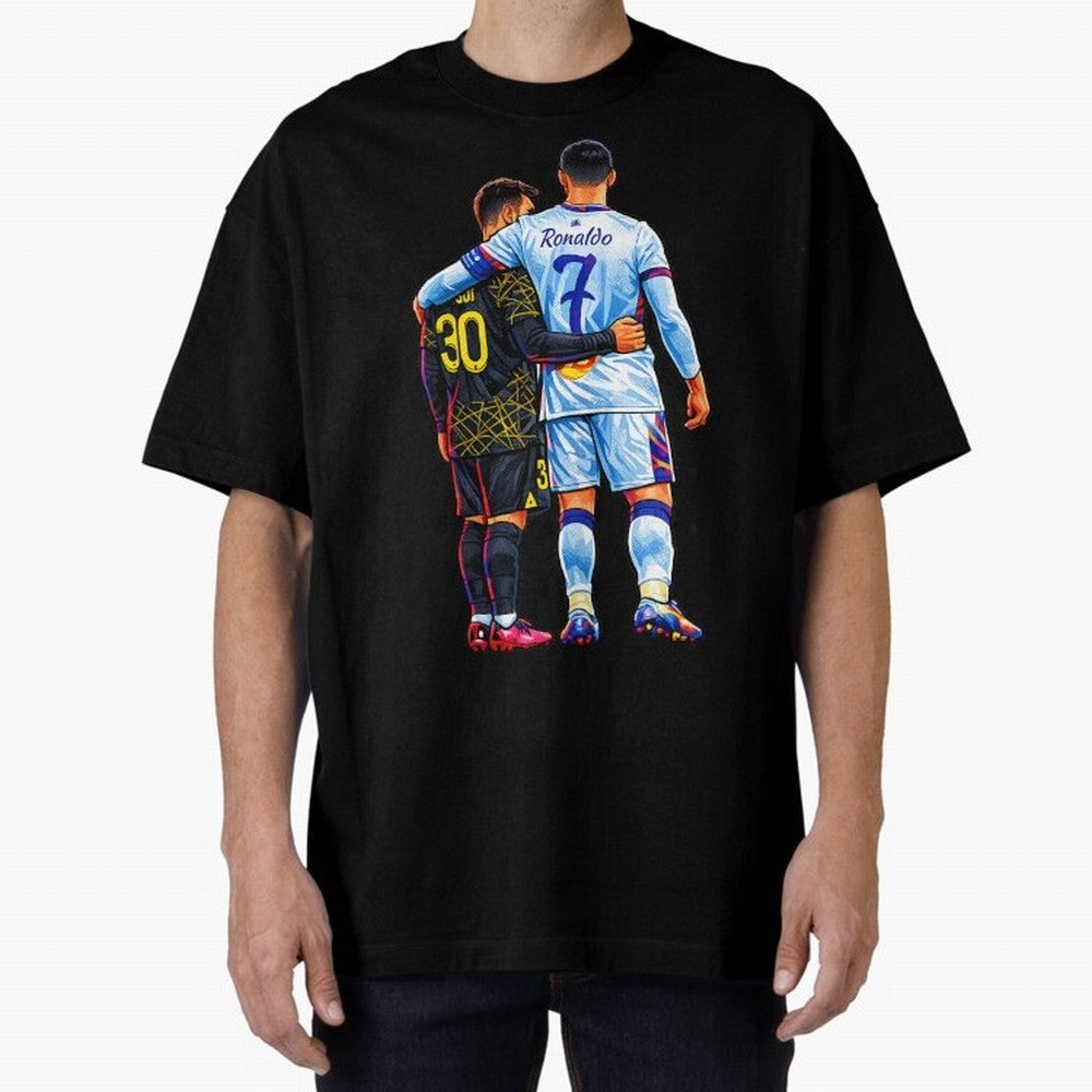 2 GOATS Oversized T-Shirt Stand Out with Spirit from Global Football Passion for FIFA World Cup 2026 Group Stage, Built around Messi, CR7 and Mbappe, France, Global Supporter Spirit, Legendary Goals, National Colors and Tournament Celebration;