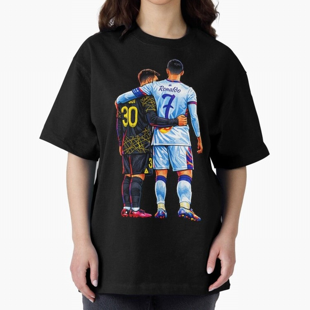 2 GOATS Oversized T-Shirt Stand Out with Spirit from Global Football Passion for FIFA World Cup 2026 Group Stage, Built around Messi, CR7 and Mbappe, France, Global Supporter Spirit, Legendary Goals, National Colors and Tournament Celebration;