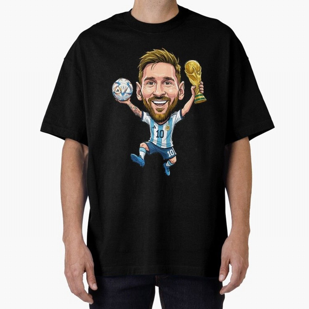 Messi Campion Caricatur Oversized T-Shirt Spotlight FIFA World Cup 2026 Made for Neymar, Brazil, Portugal and Argentina Energy, Goal Celebration Energy, Supporter Heritage, Football Icons and Worldwide Tournament Joy; Ideal for Passionate Fans Who