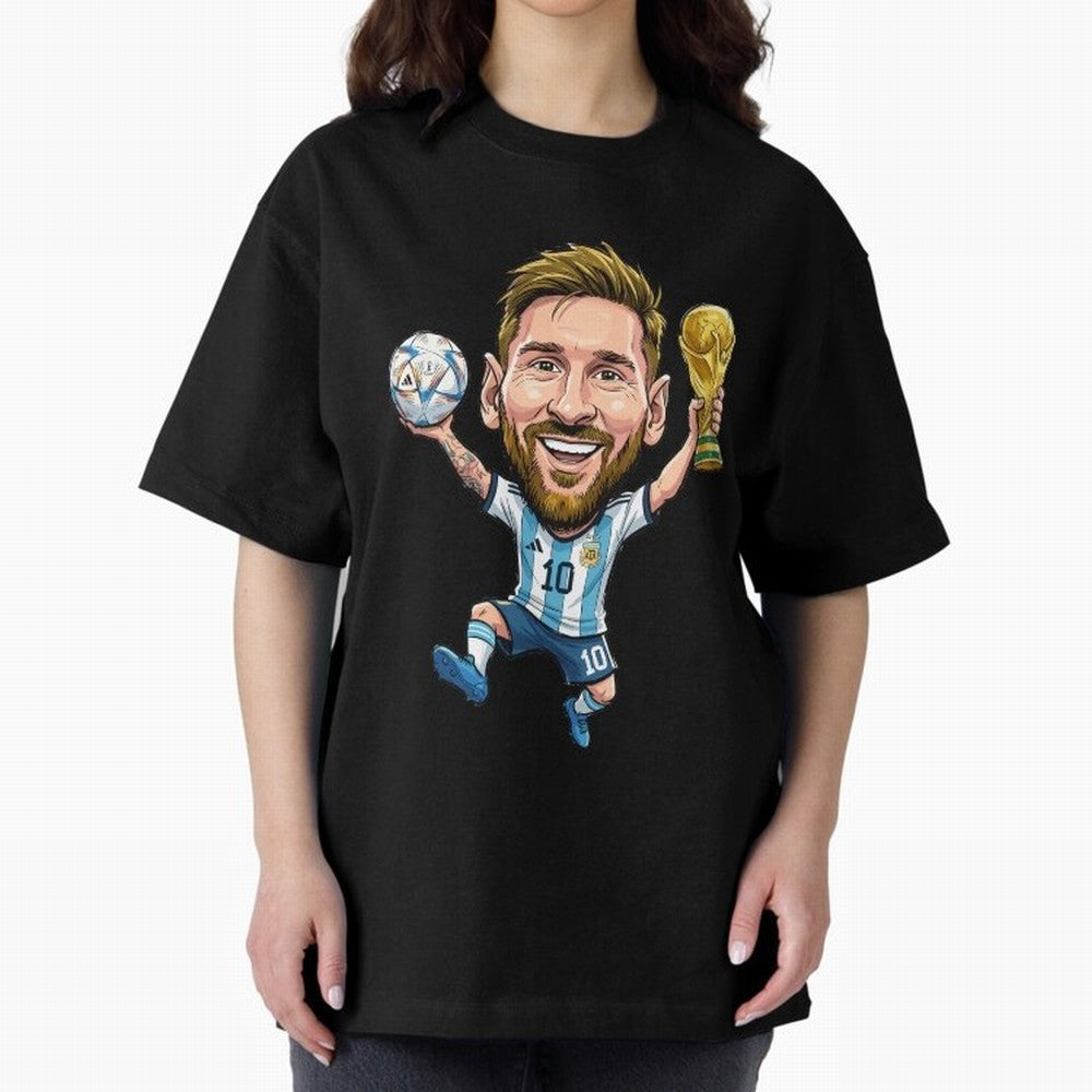 Messi Campion Caricatur Oversized T-Shirt Spotlight FIFA World Cup 2026 Made for Neymar, Brazil, Portugal and Argentina Energy, Goal Celebration Energy, Supporter Heritage, Football Icons and Worldwide Tournament Joy; Ideal for Passionate Fans Who