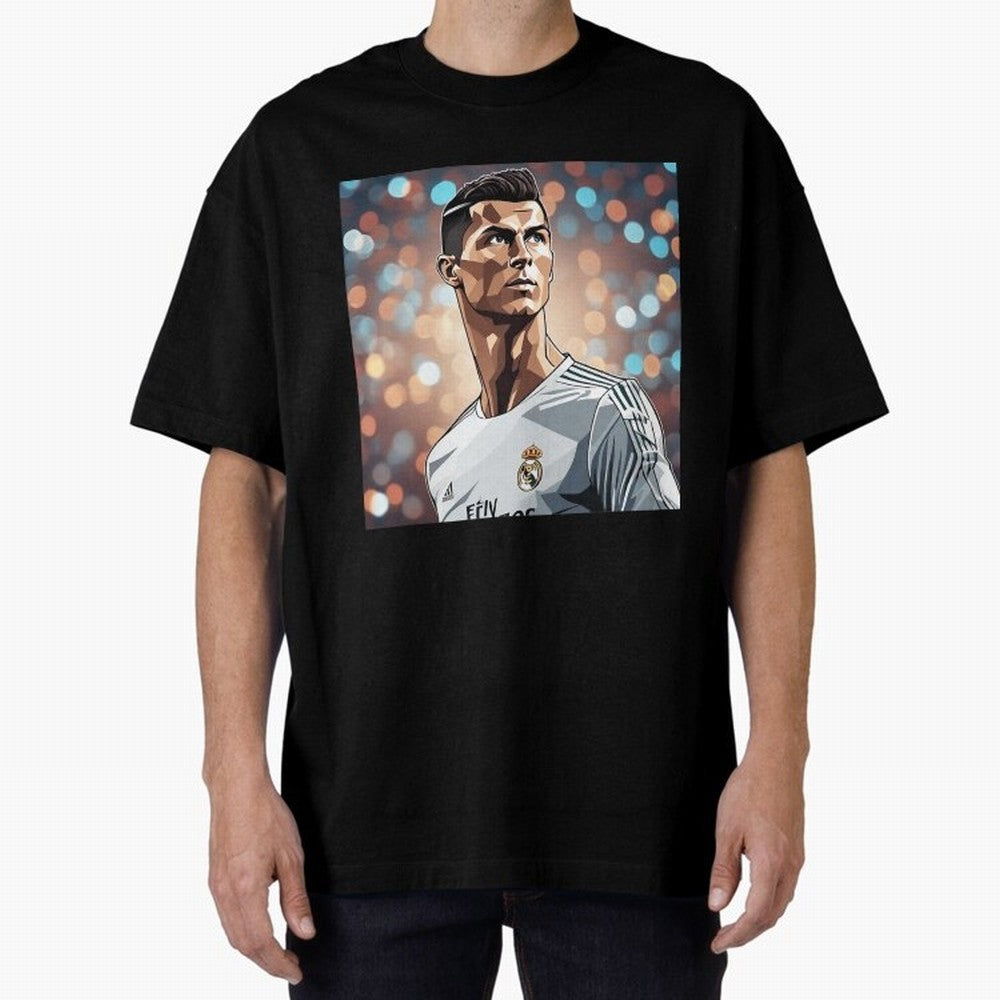 Ronaldo Cr7 Cristiano The Goat Artwork Futbol Soccer Oversized T-Shirt Celebrate Fan Favorites in Global Football Passion for FIFA World Cup 2026 Group Stage, Filled with Messi, CR7 and Mbappe, Spain, Goal Celebration Energy, Supporter Heritage,