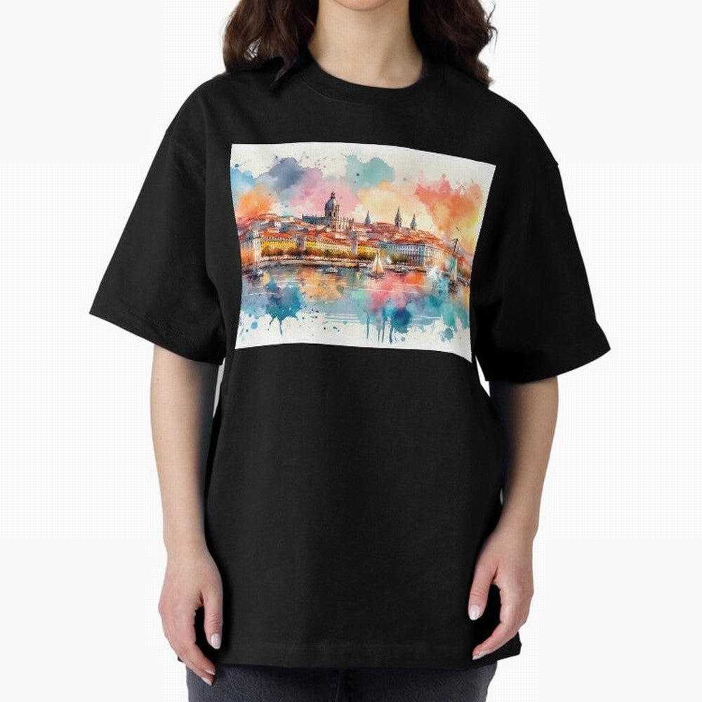 Lisbon cityscape with sailboats Oversized T-Shirt Enjoy FIFA World Cup 2026 Spirit, Highlighting Argentina, CR7 and Messi, Supporter Pride, Iconic Celebrations, Legendary Names and Global Match Day Energy; Ideal for Passionate Fans Who Love