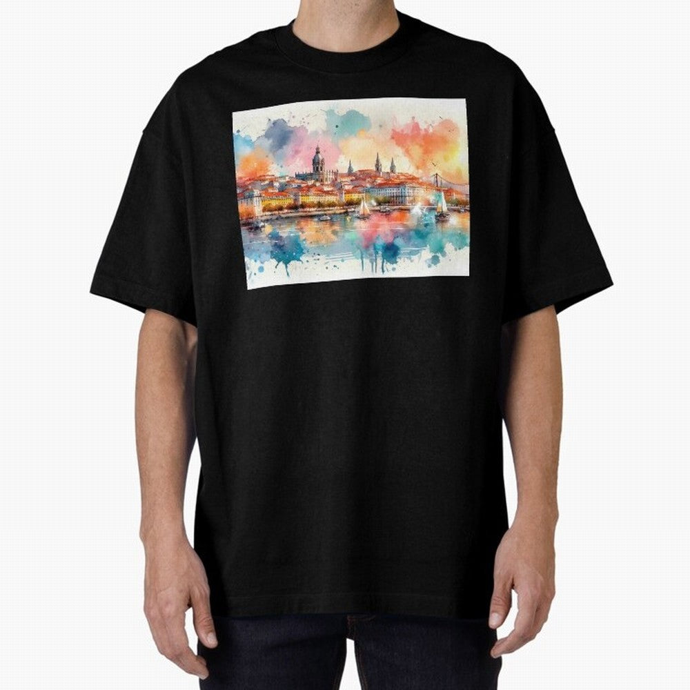 Lisbon cityscape with sailboats Oversized T-Shirt Enjoy FIFA World Cup 2026 Spirit, Highlighting Argentina, CR7 and Messi, Supporter Pride, Iconic Celebrations, Legendary Names and Global Match Day Energy; Ideal for Passionate Fans Who Love