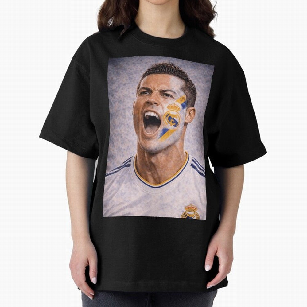Cristiano Ronaldo ¡ª A Fan Portrait in Motion Oversized T-Shirt Represent FIFA World Cup 2026 USA Canada Mexico for Fans of Mbappe and Neymar and England, France and Netherlands, Bringing Retro Football Energy, Iconic Rivalries, Trophy Chase Drama