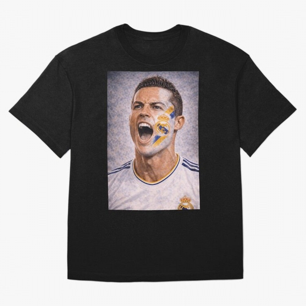 Cristiano Ronaldo ¡ª A Fan Portrait in Motion Oversized T-Shirt Represent FIFA World Cup 2026 USA Canada Mexico for Fans of Mbappe and Neymar and England, France and Netherlands, Bringing Retro Football Energy, Iconic Rivalries, Trophy Chase Drama