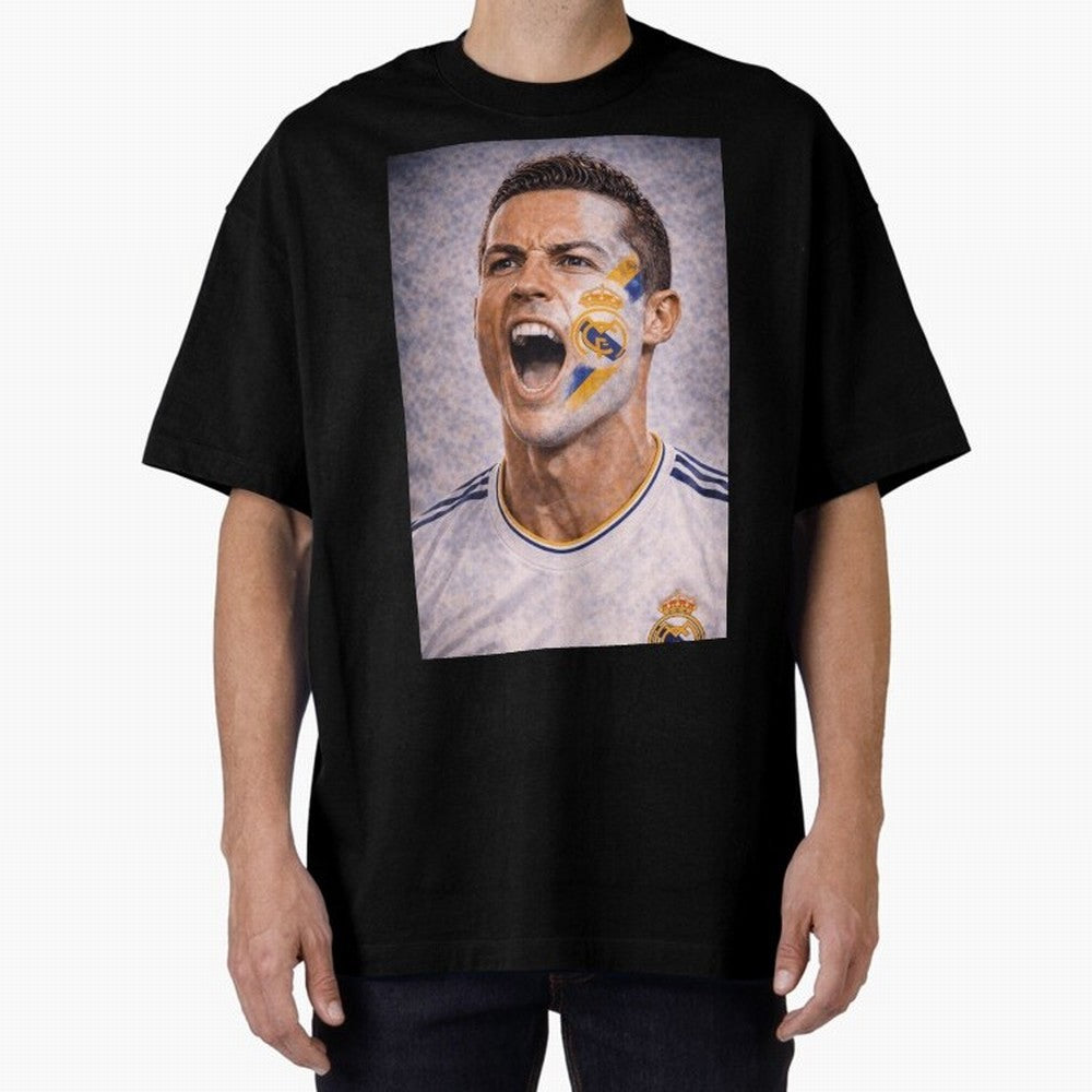 Cristiano Ronaldo ¡ª A Fan Portrait in Motion Oversized T-Shirt Represent FIFA World Cup 2026 USA Canada Mexico for Fans of Mbappe and Neymar and England, France and Netherlands, Bringing Retro Football Energy, Iconic Rivalries, Trophy Chase Drama