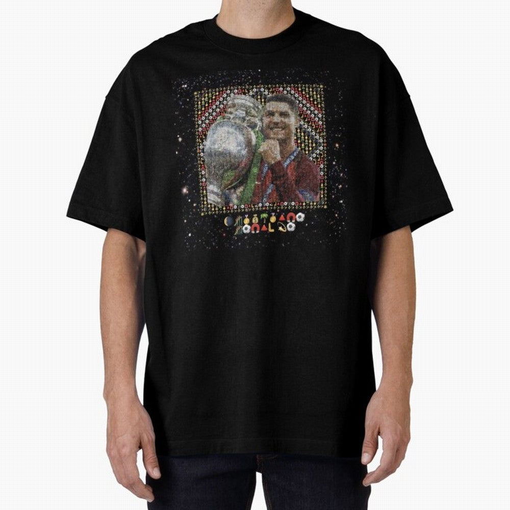 Cristiano Ronaldo Inspired Emoji Mosaic Art ¨C Football Champion Trophy Tribute Poster Oversized T-Shirt Follow the Final Road of FIFA World Cup 2026 Spirit, Capturing France and Portugal, Messi and Cristiano Ronaldo, Goal Celebration Energy,