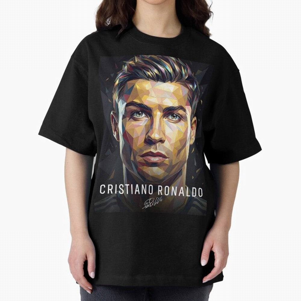 Cristiano Ronaldo Geometric Low Poly Soccer Legend Oversized T-Shirt Upgrade FIFA World Cup 2026 USA Canada Mexico Spirit, Capturing Argentina, France and Brazil, Messi, Neymar and Mbappe, Worldwide Fan Energy, Dramatic Goals, Stadium Lights and