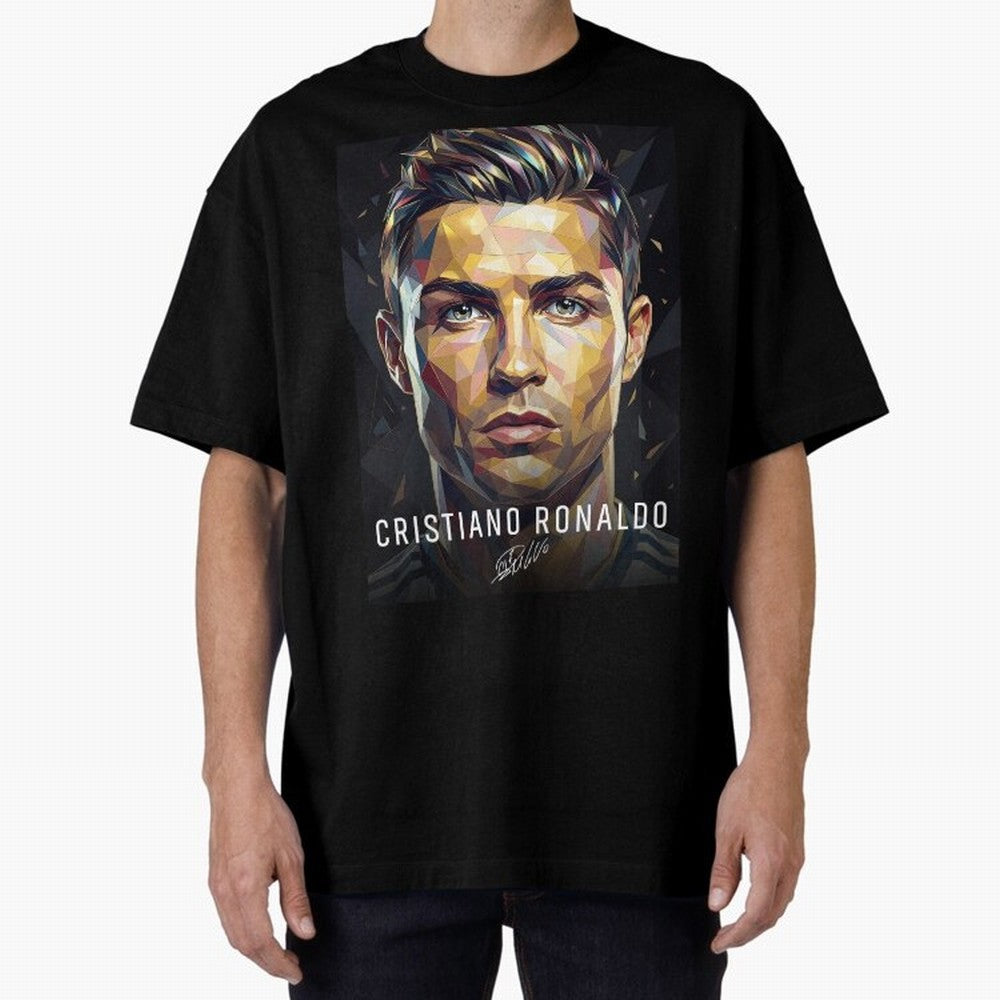 Cristiano Ronaldo Geometric Low Poly Soccer Legend Oversized T-Shirt Upgrade FIFA World Cup 2026 USA Canada Mexico Spirit, Capturing Argentina, France and Brazil, Messi, Neymar and Mbappe, Worldwide Fan Energy, Dramatic Goals, Stadium Lights and