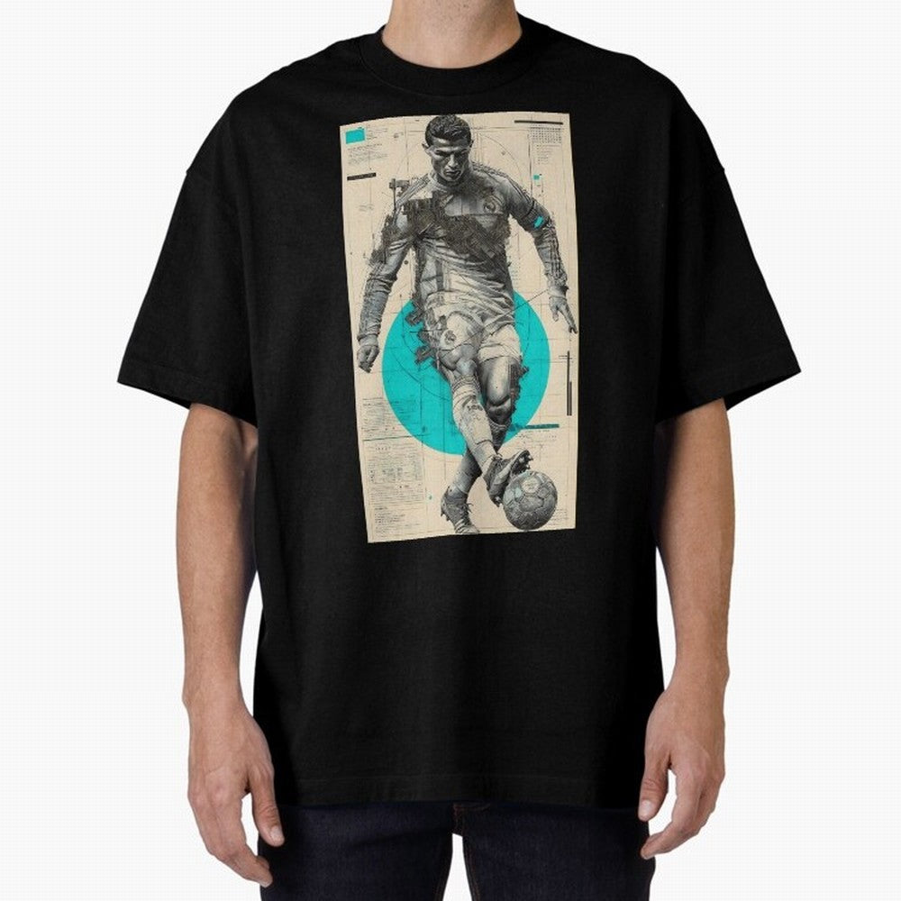 Futuristic Cristiano Ronaldo Illustration ¨C Cyber-Tech Football Art Oversized T-Shirt Create FIFA World Cup 2026 USA Canada Mexico Spirit, Connected to Argentina and Brazil, Cristiano Ronaldo, Haaland and CR7, Vintage Soccer Flavor, Modern