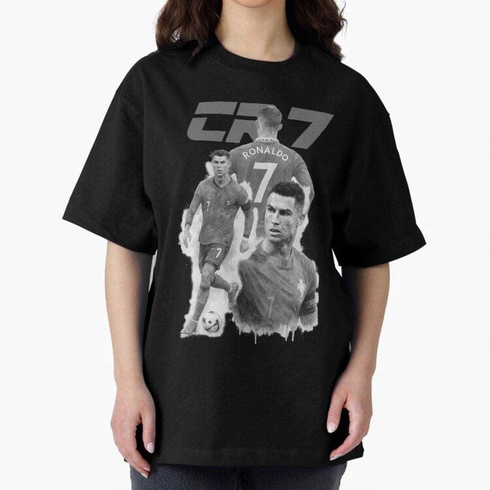 CR7 Cristiano Ronaldo illustration ink black white watercolour Oversized T-Shirt Cheer for Global Football Passion for FIFA World Cup 2026 USA Canada Mexico, Centered on Messi, Neymar and Mbappe, Brazil, Portugal and Argentina, Retro Football
