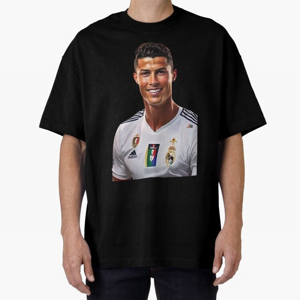 smiling Cristiano Ronaldo Oversized T-Shirt Bring Retro Soccer Energy to Match Day Hype around FIFA World Cup 2026, CR7 and Messi, Netherlands, Classic Soccer Heritage, Championship Pressure, Fan Loyalty and International Pride; Perfect for