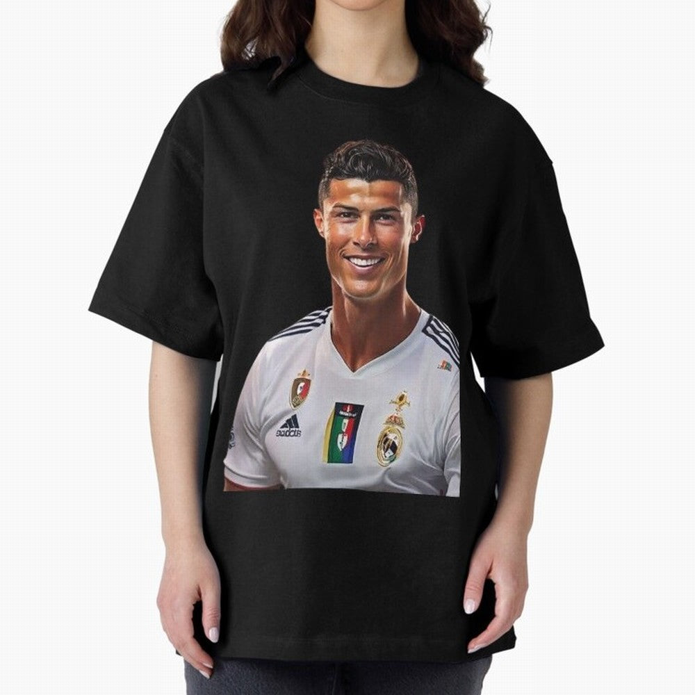 smiling Cristiano Ronaldo Oversized T-Shirt Bring Retro Soccer Energy to Match Day Hype around FIFA World Cup 2026, CR7 and Messi, Netherlands, Classic Soccer Heritage, Championship Pressure, Fan Loyalty and International Pride; Perfect for