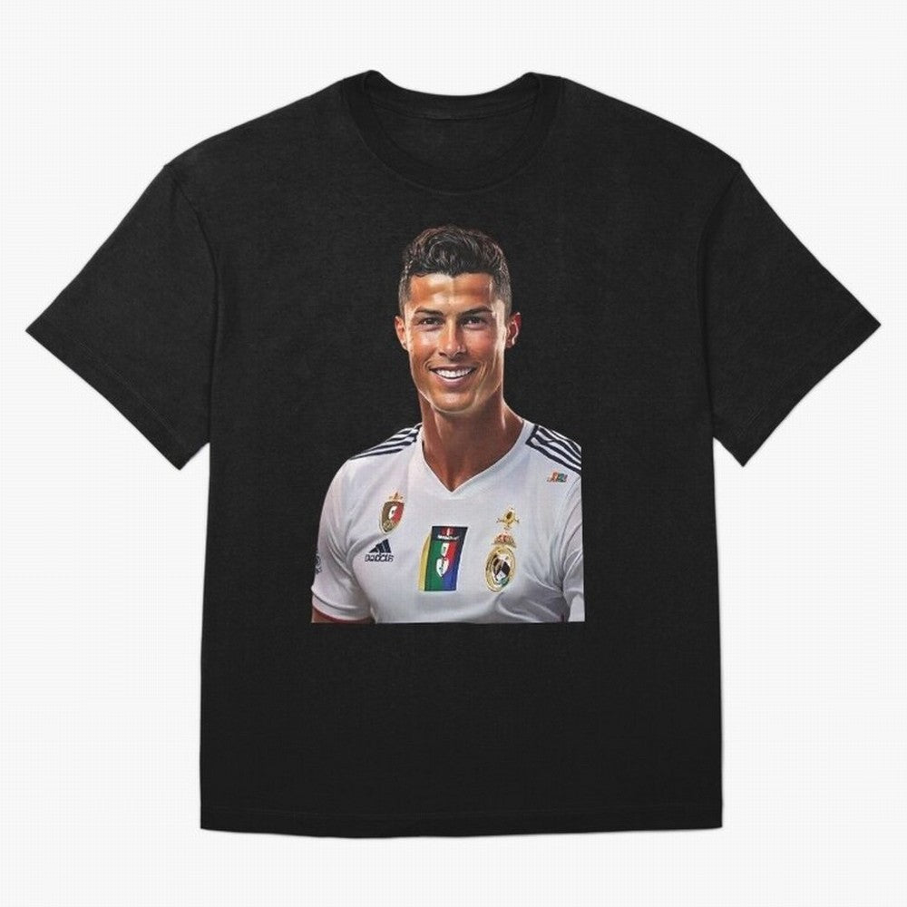 smiling Cristiano Ronaldo Oversized T-Shirt Bring Retro Soccer Energy to Match Day Hype around FIFA World Cup 2026, CR7 and Messi, Netherlands, Classic Soccer Heritage, Championship Pressure, Fan Loyalty and International Pride; Perfect for