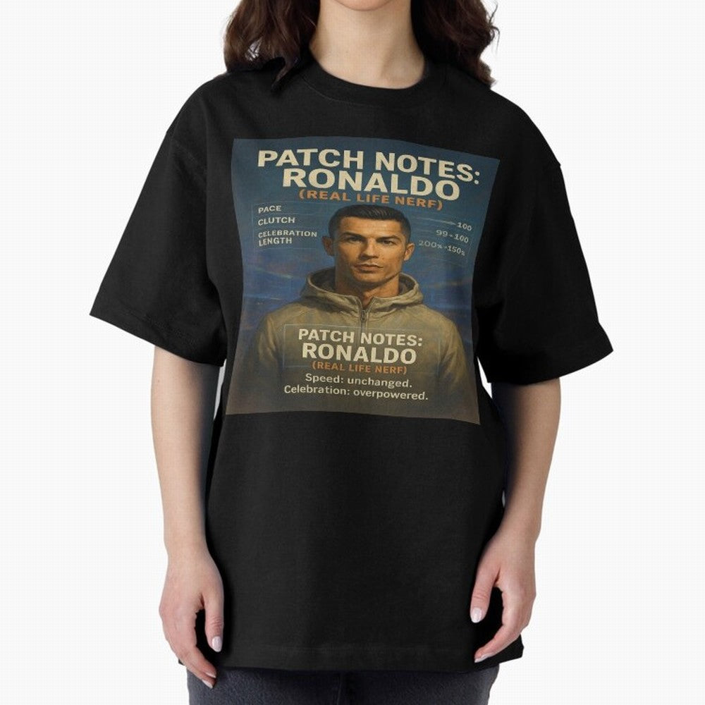 Patch Notes Cristiano Ronaldo ¡ª Real Life Nerf Football Gamer Oversized T-Shirt Bring Home Global Football Passion for FIFA World Cup 2026, Highlighting Messi and Cristiano Ronaldo, England, France and Netherlands, Championship Spirit, Famous