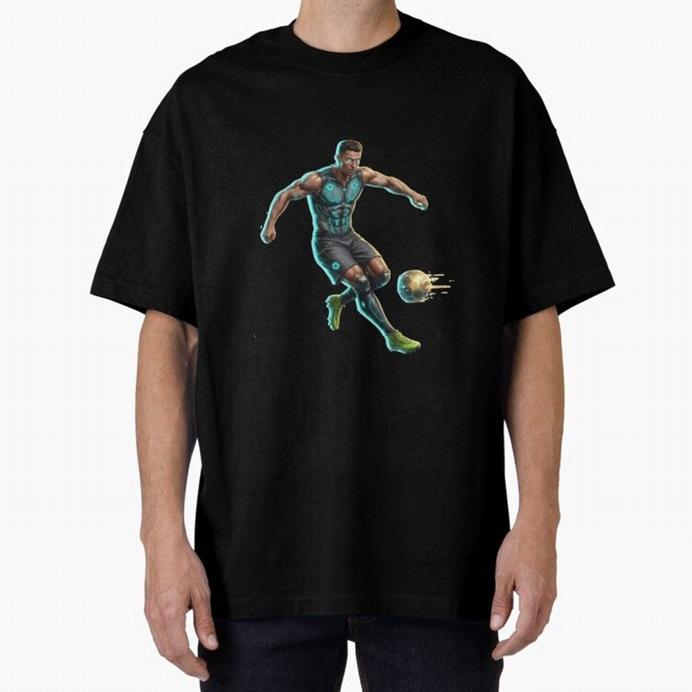 Cyberpunk Cristiano Ronaldo: Futuristic CR7 Kicking Glowing Soccer Ball Fan Art Oversized T-Shirt Make Game Day About the FIFA World Cup 2026 Journey through Haaland Highlights, Spain Pride, Stadium Chants, National Pride, Trophy Dreams and