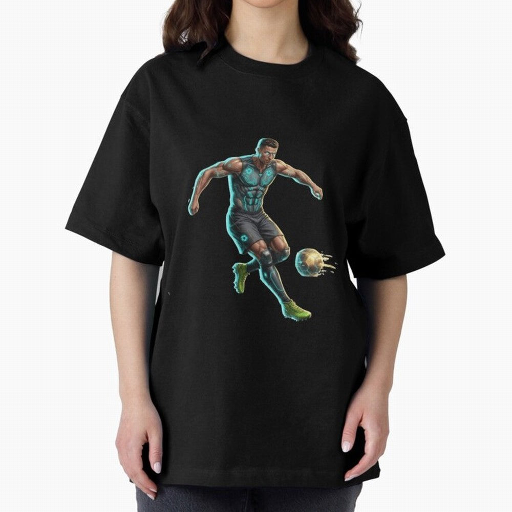 Cyberpunk Cristiano Ronaldo: Futuristic CR7 Kicking Glowing Soccer Ball Fan Art Oversized T-Shirt Make Game Day About the FIFA World Cup 2026 Journey through Haaland Highlights, Spain Pride, Stadium Chants, National Pride, Trophy Dreams and