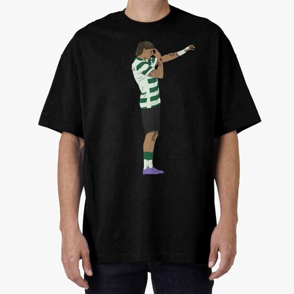 Ricardo Mangas Sporting Goal Celebration Minimalist Oversized T-Shirt Spotlight Global Football Passion for FIFA World Cup 2026 USA Canada Mexico, Centered on Haaland, Argentina, France and Brazil, Football Passion, Legendary Performances, Festival