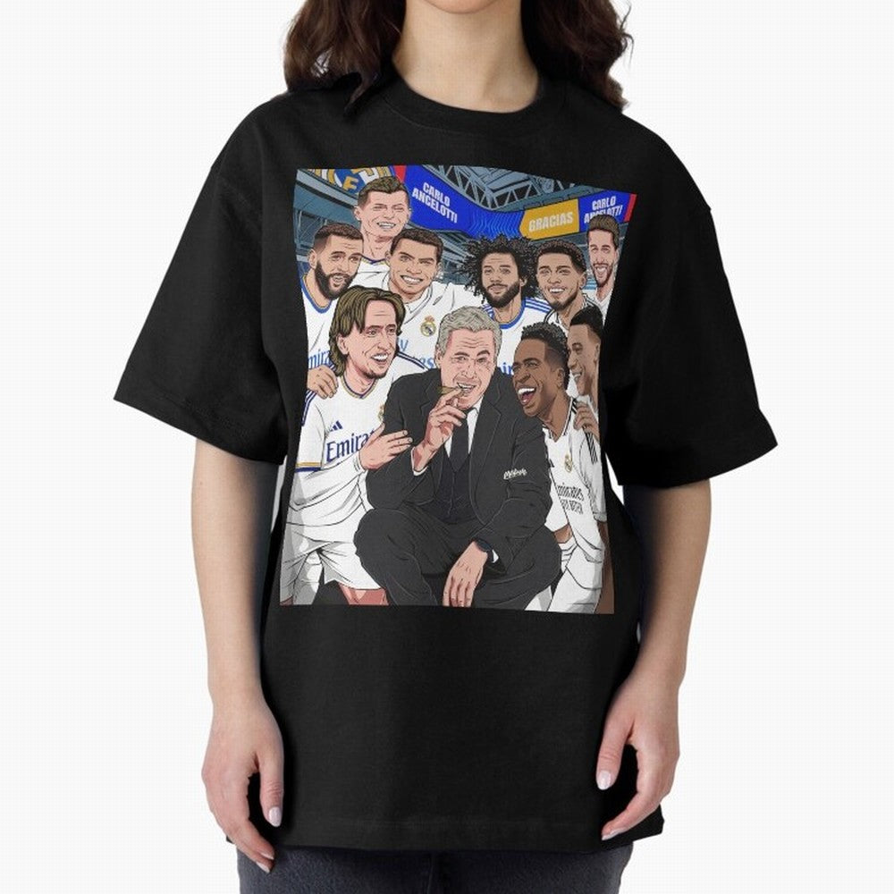 Carlo Ancelotti and Real Madrid Players Oversized T-Shirt Feel International Energy from Match Day Hype around FIFA World Cup 2026 USA Canada Mexico, Haaland, Germany, Goal Celebration Energy, Supporter Heritage, Football Icons and Worldwide