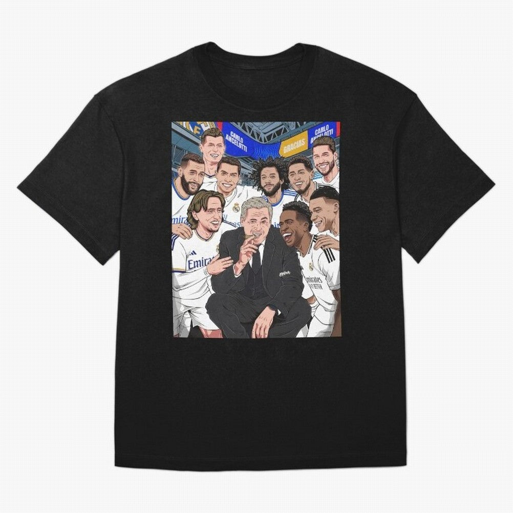 Carlo Ancelotti and Real Madrid Players Oversized T-Shirt Feel International Energy from Match Day Hype around FIFA World Cup 2026 USA Canada Mexico, Haaland, Germany, Goal Celebration Energy, Supporter Heritage, Football Icons and Worldwide
