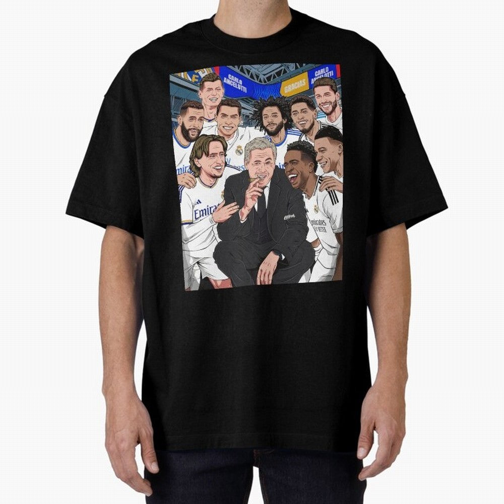 Carlo Ancelotti and Real Madrid Players Oversized T-Shirt Feel International Energy from Match Day Hype around FIFA World Cup 2026 USA Canada Mexico, Haaland, Germany, Goal Celebration Energy, Supporter Heritage, Football Icons and Worldwide