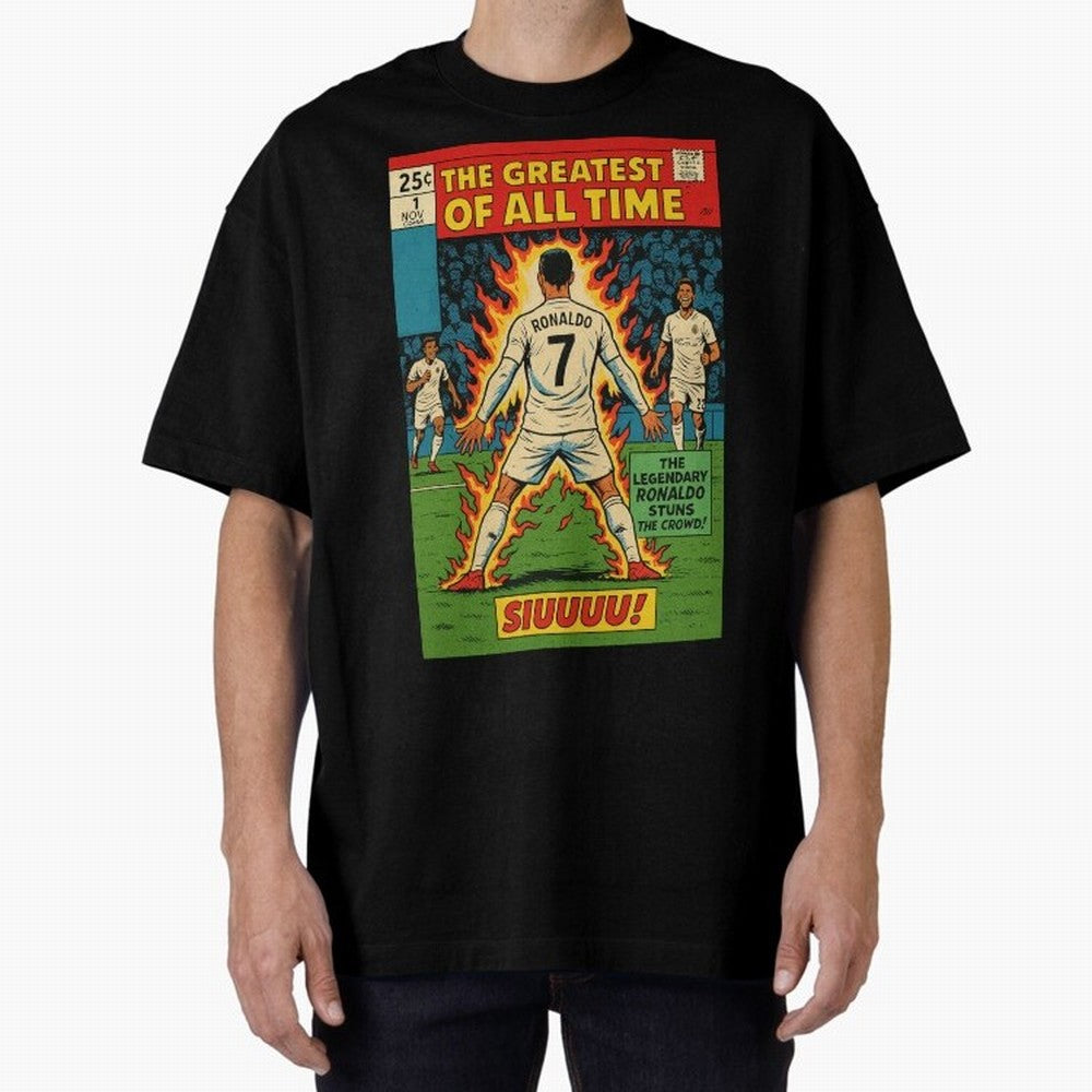 CR7 comic cover Oversized T-Shirt Fuel Global Football Passion for FIFA World Cup 2026 Group Stage, with Messi, England, France and Netherlands, Vintage Soccer Flavor, Modern Football Stars, National Flags and Final Night Emotion; Created for Match