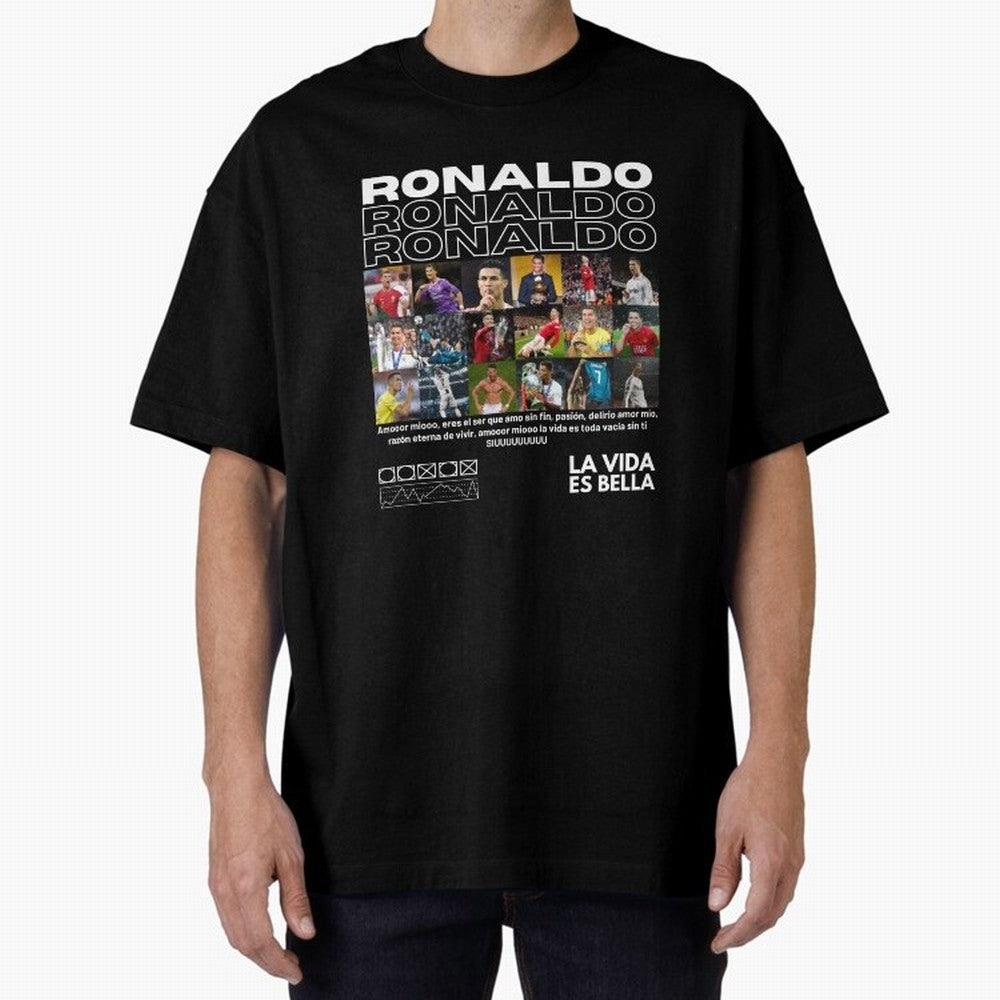 Cristiano Ronaldo CR7 Collage Oversized T-Shirt Show Championship Spirit for Global Football Passion for FIFA World Cup 2026, with Messi, Neymar and Mbappe, Argentina, Retro Football Energy, Iconic Rivalries, Trophy Chase Drama and Stadium