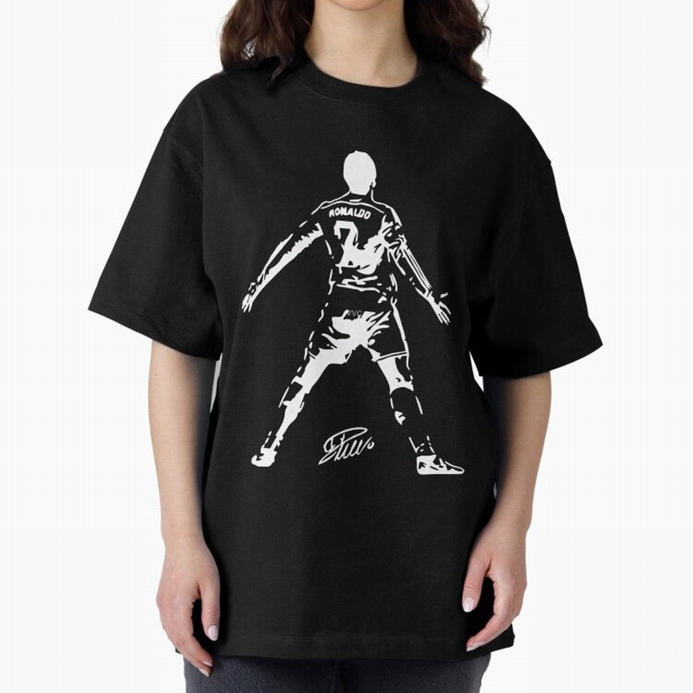 Retro Football Player Celebration Silhouette Artwork For Men And Gift For Soccer Fans Oversized T-Shirt Capture Stadium Memories from FIFA World Cup 2026 USA Canada Mexico Spirit, with Portugal, Spain and Germany, CR7 and Messi, Sports Nostalgia,