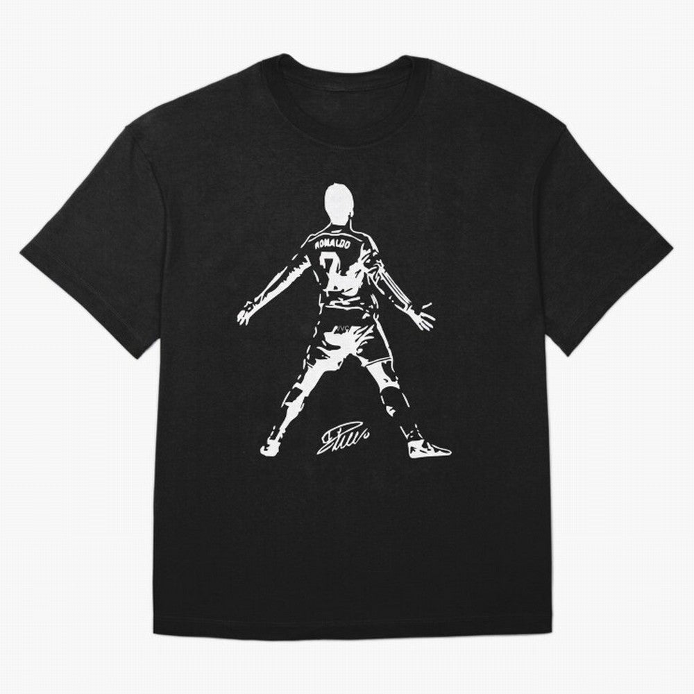 Retro Football Player Celebration Silhouette Artwork For Men And Gift For Soccer Fans Oversized T-Shirt Capture Stadium Memories from FIFA World Cup 2026 USA Canada Mexico Spirit, with Portugal, Spain and Germany, CR7 and Messi, Sports Nostalgia,