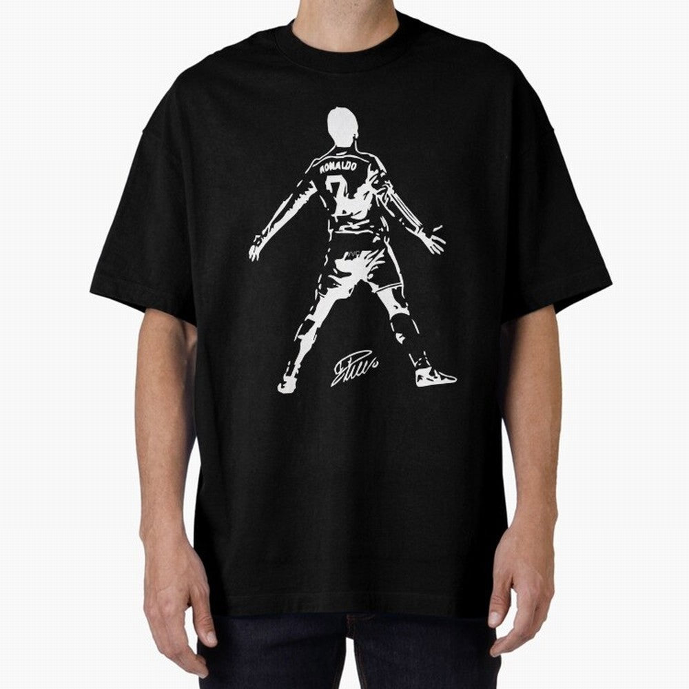 Retro Football Player Celebration Silhouette Artwork For Men And Gift For Soccer Fans Oversized T-Shirt Capture Stadium Memories from FIFA World Cup 2026 USA Canada Mexico Spirit, with Portugal, Spain and Germany, CR7 and Messi, Sports Nostalgia,