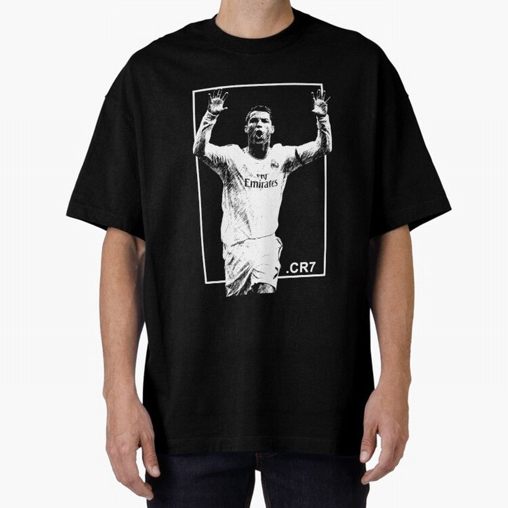 Cristiano Ronaldo CR7 in Black and White Design Oversized T-Shirt Make Every Kick Count in Match Day Hype around FIFA World Cup 2026, Haaland, Portugal, Spain and Germany, Match Day Excitement, Supporter Culture, Golden Goals and Global Football