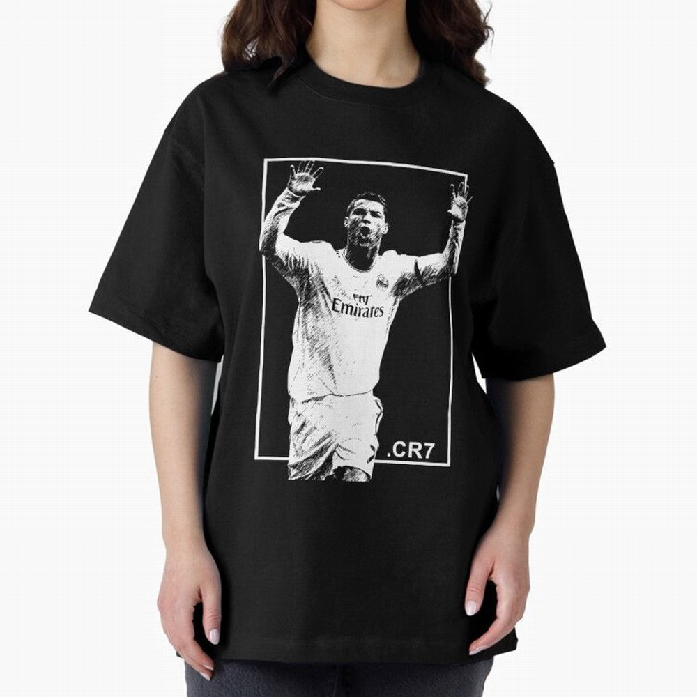Cristiano Ronaldo CR7 in Black and White Design Oversized T-Shirt Make Every Kick Count in Match Day Hype around FIFA World Cup 2026, Haaland, Portugal, Spain and Germany, Match Day Excitement, Supporter Culture, Golden Goals and Global Football